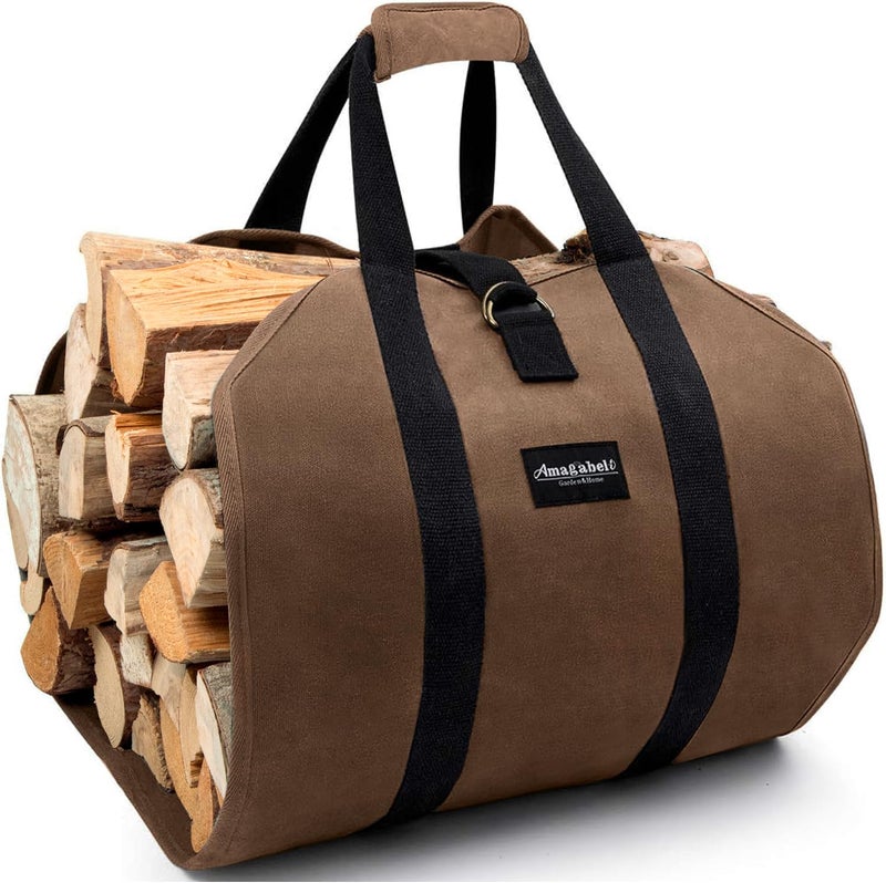 AMAGABELI GARDEN & HOME AMAGABELI GARDEN  HOME Fireplace Carrier Waxed Canvas Fire Place Sturdy Wood Carring Bag with Handles Security Strap for Camping Indoor Firewood Logs Tote Log Holder Birchwood Stand 
