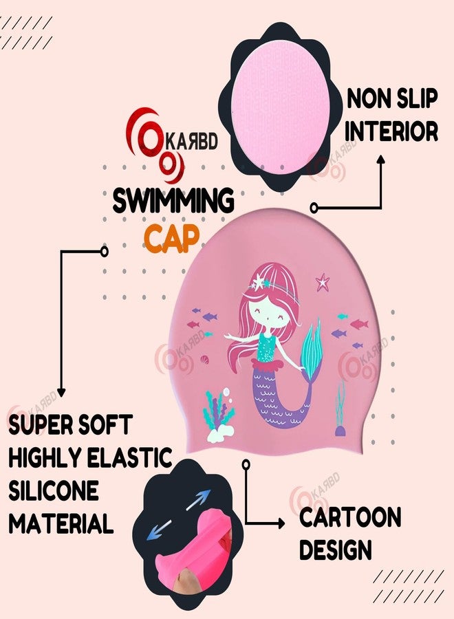 KARBD Silicone Swimming Cap Unisex Waterproof Swimming Pool Head Cap Water Sports for Children Kids Boys Girls (Non Slip Interior Cartoon Design, Universal Size, Pink Mermaid Super Soft) - Image 2