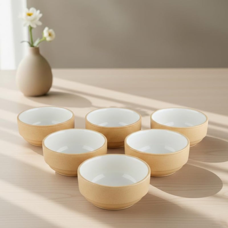 BLACKCARROT Ceramic Bowl Set of 6 | Microwave & Dishwasher Safe | Pattern : Beige & White | Ideal for Snacks, Soup, Rice, Dal, Curries, Sabji - Image 1