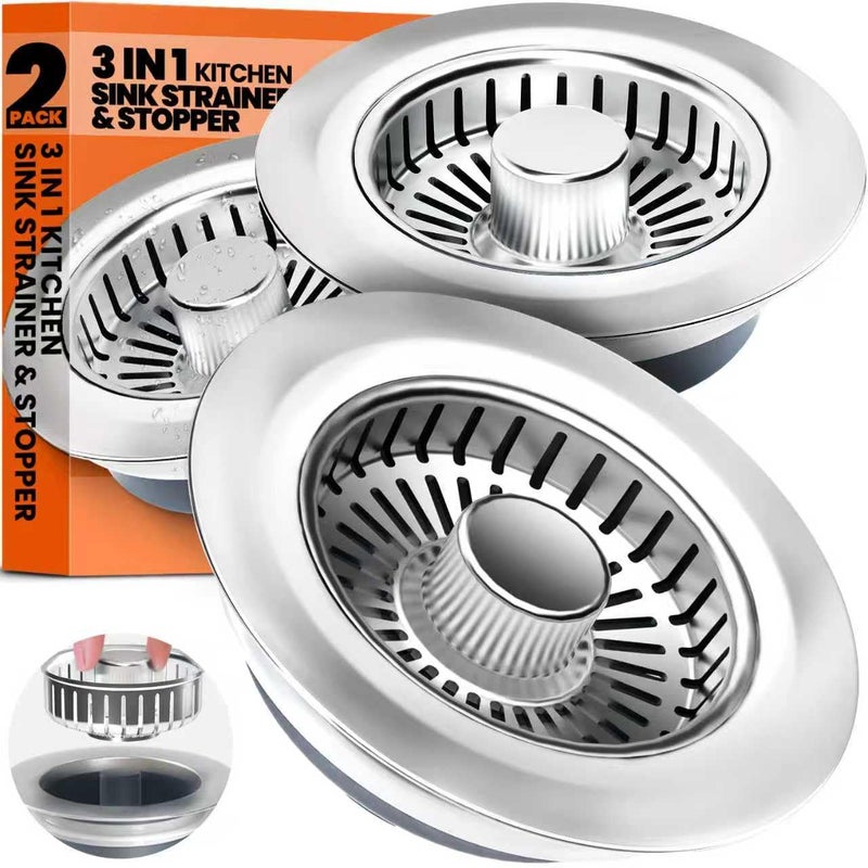 Nipoko Kitchen Sink Drain Strainer & Sink Stopper, Upgraded 3 in 1 Stainless Steel Drain Plug Combo with Anti-Clog Basket, Pop Up Drain Cover for Standard 3-1/2'', Fits Double Bowl Kitchen Sinks - Image 1
