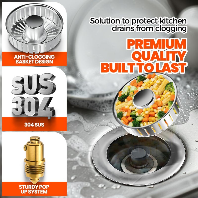 Nipoko Kitchen Sink Drain Strainer & Sink Stopper, Upgraded 3 in 1 Stainless Steel Drain Plug Combo with Anti-Clog Basket, Pop Up Drain Cover for Standard 3-1/2'', Fits Double Bowl Kitchen Sinks - Image 3