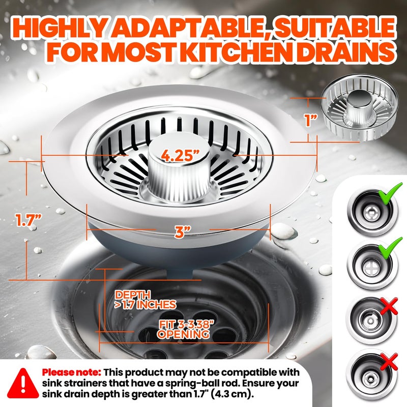Nipoko Kitchen Sink Drain Strainer & Sink Stopper, Upgraded 3 in 1 Stainless Steel Drain Plug Combo with Anti-Clog Basket, Pop Up Drain Cover for Standard 3-1/2'', Fits Double Bowl Kitchen Sinks - Image 5