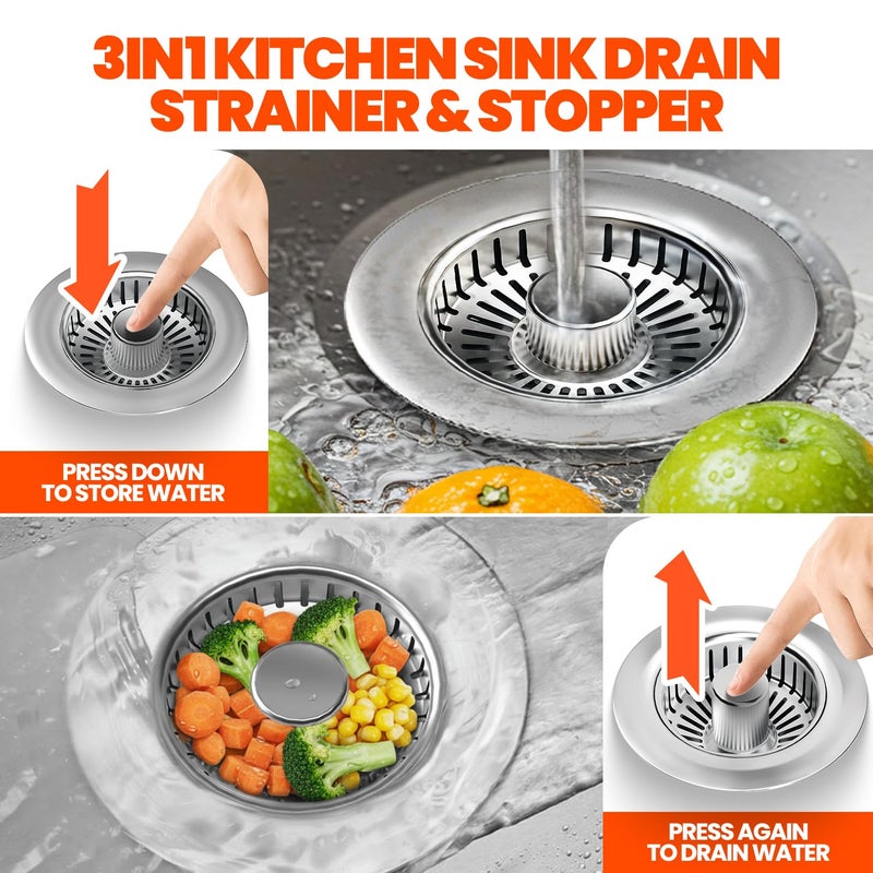Nipoko Kitchen Sink Drain Strainer & Sink Stopper, Upgraded 3 in 1 Stainless Steel Drain Plug Combo with Anti-Clog Basket, Pop Up Drain Cover for Standard 3-1/2'', Fits Double Bowl Kitchen Sinks - Image 2