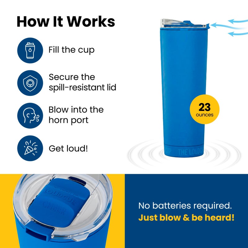 Loud Cup The LoudCup Blow Horn Tumbler, Cheer & Sip 2-in-1 Reusable Water Bottle with Built-In Horn for Sports Games, Tailgates, Parties & Events, BPA-Free, 23 oz, Marlin Blue - Image 3