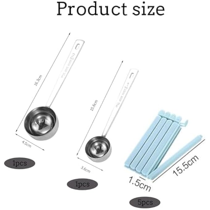 ريحني ملعقة قهوة من الفولاذ المقاوم للصدأ ملعقة كبيرة ملاعق قهوة، ملعقة قهوة، ملعقة قهوة، قياس ملعقة المائدة، مغارف قياس حليب القهوة، 15 مل، 30 مل مع 5 مشابك ختم، - Image 3