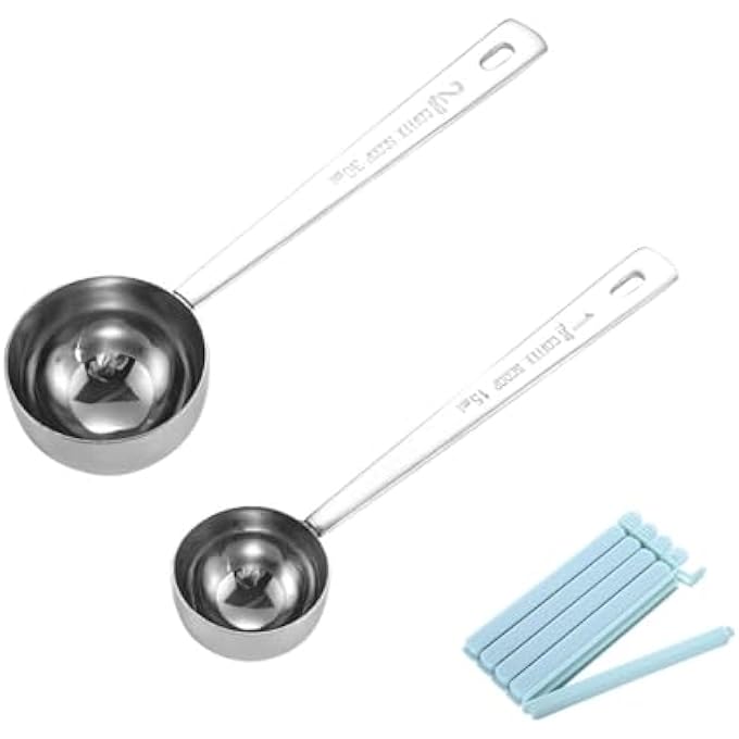 ريحني ملعقة قهوة من الفولاذ المقاوم للصدأ ملعقة كبيرة ملاعق قهوة، ملعقة قهوة، ملعقة قهوة، قياس ملعقة المائدة، مغارف قياس حليب القهوة، 15 مل، 30 مل مع 5 مشابك ختم، - Image 2