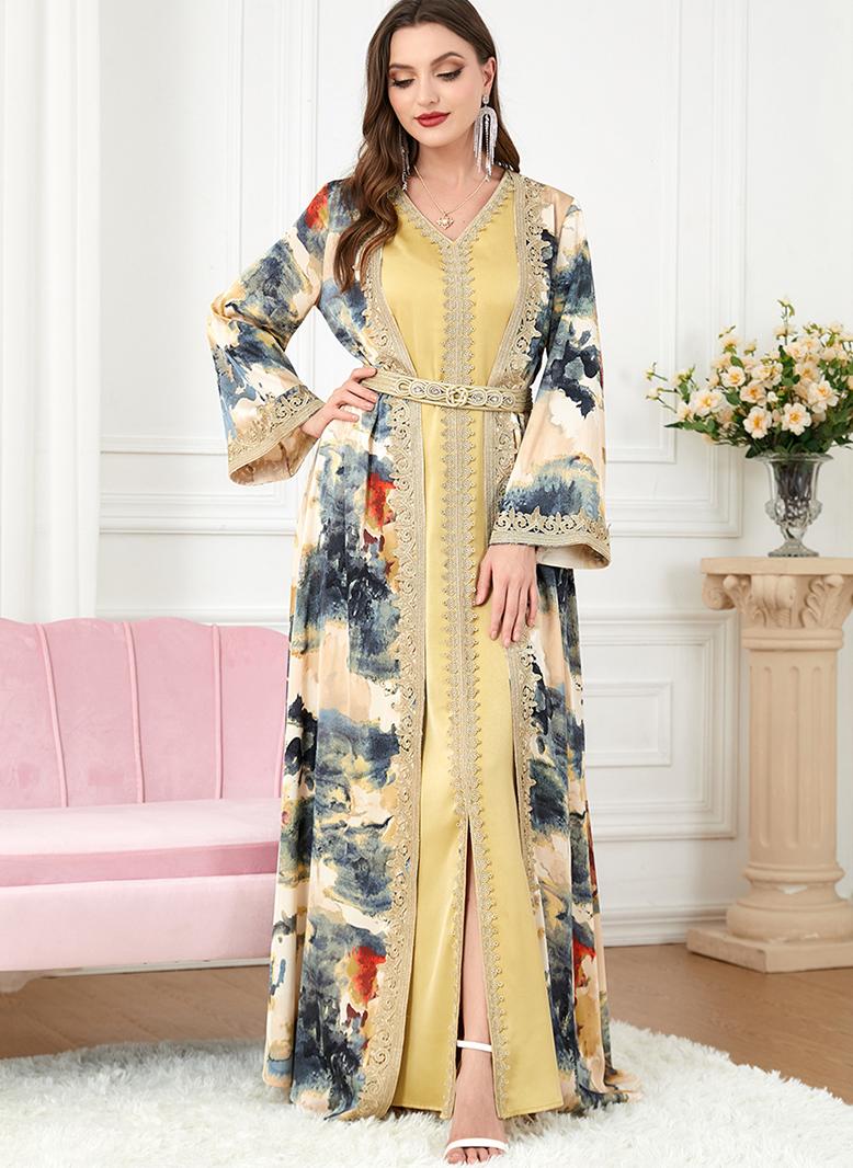 فرايديين لطيف طوق على شكل V تباين اللون طباعة ازرار حزام كم منتظم قفطان اصفر - Image 1