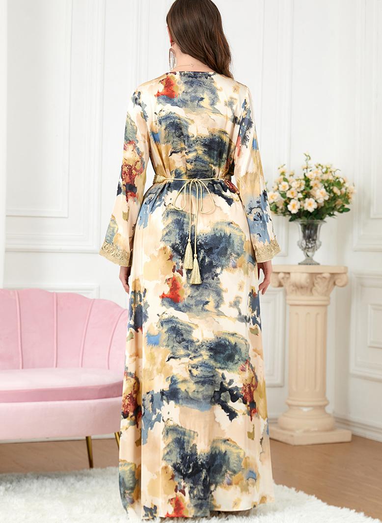 فرايديين لطيف طوق على شكل V تباين اللون طباعة ازرار حزام كم منتظم قفطان اصفر - Image 2