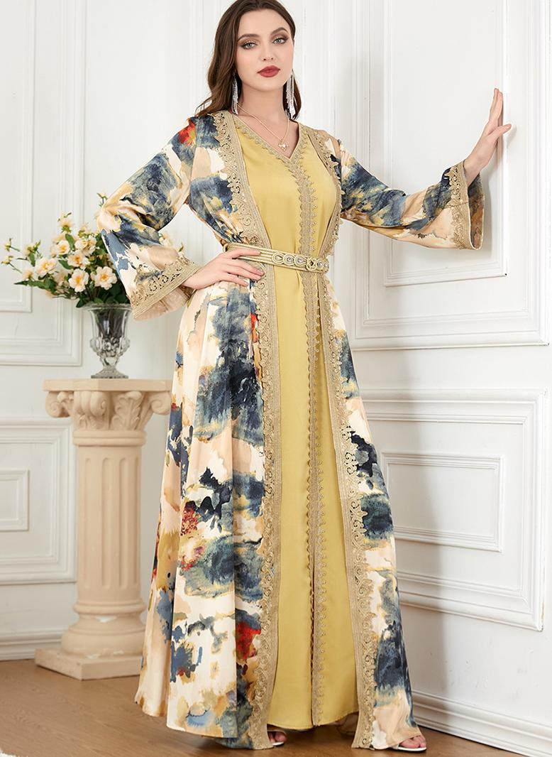 فرايديين لطيف طوق على شكل V تباين اللون طباعة ازرار حزام كم منتظم قفطان اصفر - Image 5