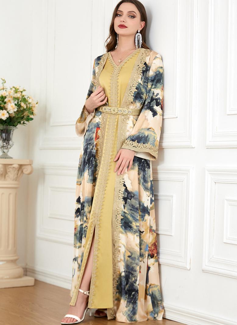 فرايديين لطيف طوق على شكل V تباين اللون طباعة ازرار حزام كم منتظم قفطان اصفر - Image 4