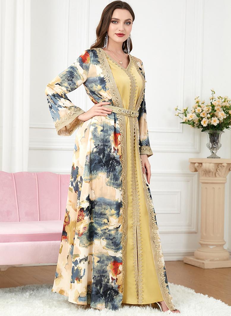 فرايديين لطيف طوق على شكل V تباين اللون طباعة ازرار حزام كم منتظم قفطان اصفر - Image 3