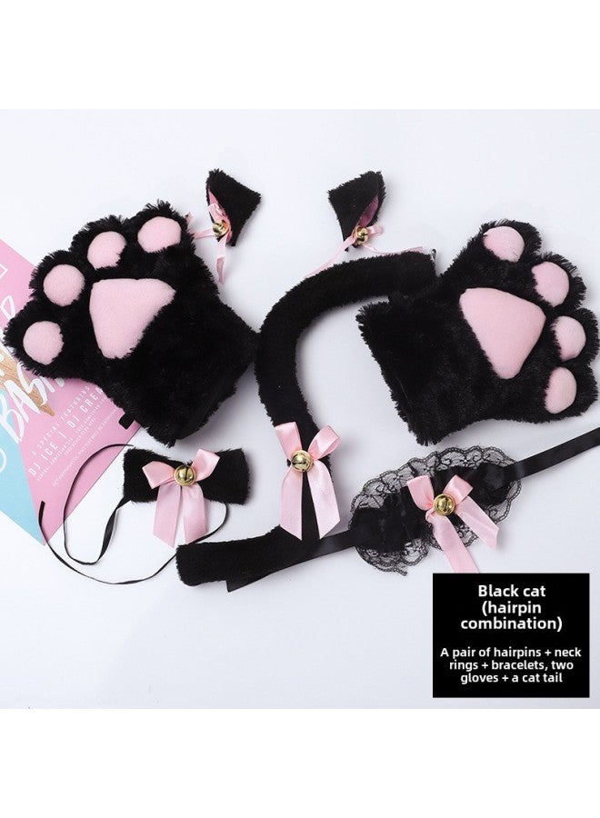 Cat Cos Props Cat Hair Hoop Cat Paw Gloves Cat Tail Cute Cat Costume Props Set-Color:F-37 Black Kitty Hairpin Combo  - Image 1