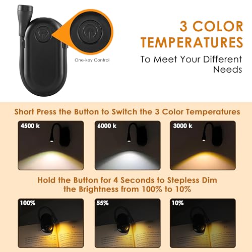 Gesto Rechargeable Book Reading Light with Clip – 3 Color Changing Light for Reading in Bed | 80 Hours Runtime | Flexible Goose Neck Clip on Book Light for Book Lovers - Image 2