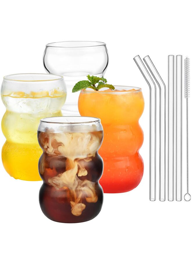 18.6 oz Drinking Glasses Straws and Wave Shape Bubble Glass Cups Set of 8, Iced Coffee Glasses for Beer, Cocktail, Water Cups with Gift 1 Cleaning Brushes - Image 1