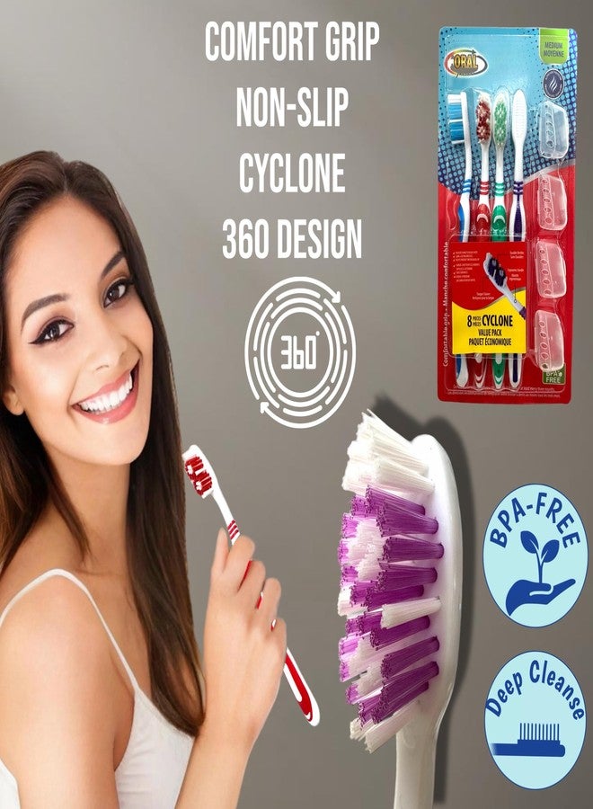ALAZCO 4pc Adult Medium Bristles Toothbrush with Caps Comfort Hold Deep Clean Cheek & Tongue Cleaner Round Circular with Caps Travel TSA Approved Cyclone Tooth Brush - Image 2