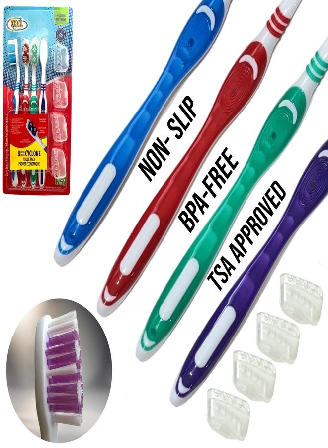 ALAZCO 4pc Adult Medium Bristles Toothbrush with Caps Comfort Hold Deep Clean Cheek & Tongue Cleaner Round Circular with Caps Travel TSA Approved Cyclone Tooth Brush - Image 3