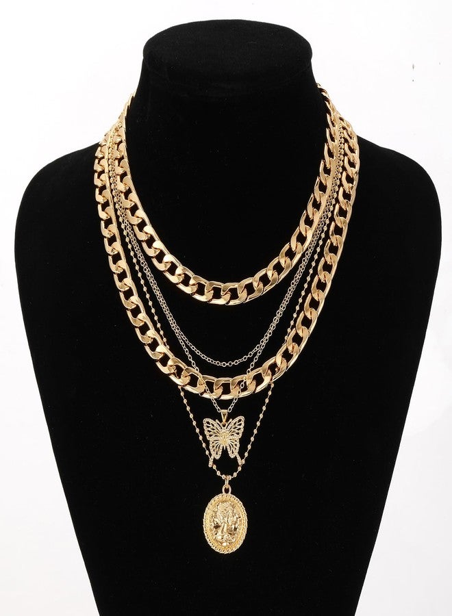 MJartoria Gold Layered Necklaces for Women Trendy Retro Coin Pendant Necklace Dainty Chunky Chain Choker Necklaces for Jewelry Birthday Gifts (Gold, A-X-Hollow Butterfly-5 in 1 Layered) - Image 3