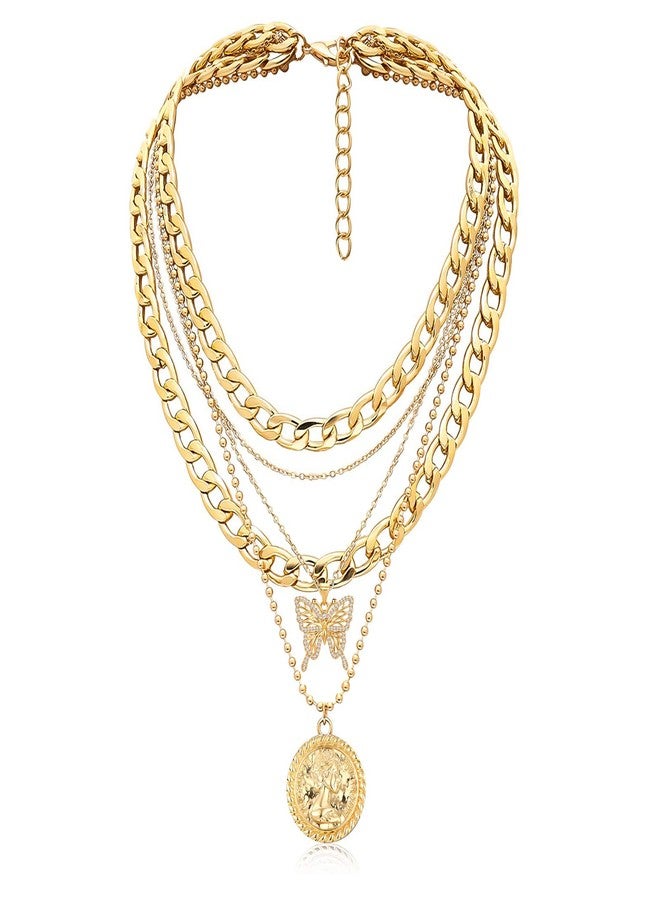 MJartoria Gold Layered Necklaces for Women Trendy Retro Coin Pendant Necklace Dainty Chunky Chain Choker Necklaces for Jewelry Birthday Gifts (Gold, A-X-Hollow Butterfly-5 in 1 Layered) - Image 1