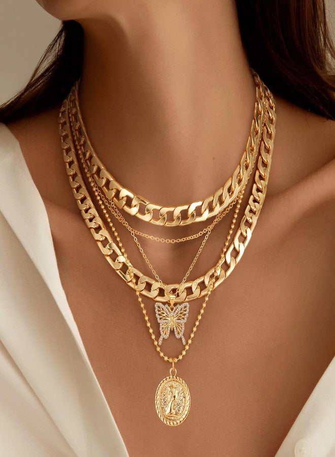 MJartoria Gold Layered Necklaces for Women Trendy Retro Coin Pendant Necklace Dainty Chunky Chain Choker Necklaces for Jewelry Birthday Gifts (Gold, A-X-Hollow Butterfly-5 in 1 Layered) - Image 2
