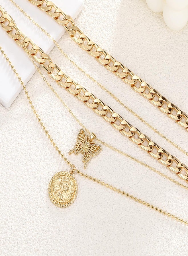 MJartoria Gold Layered Necklaces for Women Trendy Retro Coin Pendant Necklace Dainty Chunky Chain Choker Necklaces for Jewelry Birthday Gifts (Gold, A-X-Hollow Butterfly-5 in 1 Layered) - Image 4