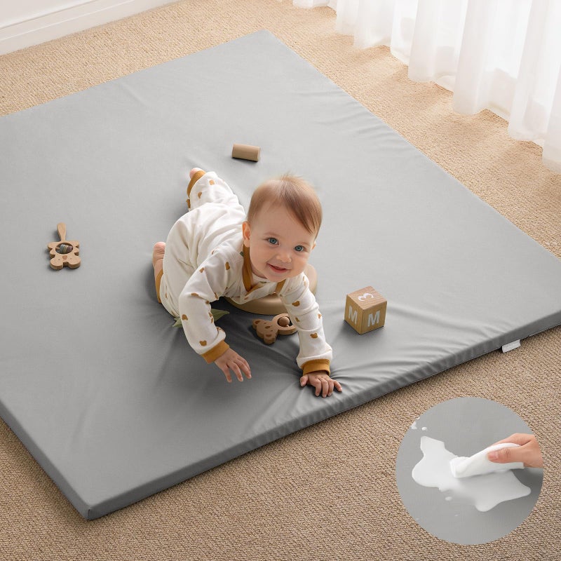 Blissful Diary Vegan Leather Baby Play Mat, 47x47 Thicken Foam Cushioned & Waterproof Playpen Mat for Infants and Toddlers, Stylish and Just Wipe-Clean Playmat for Baby Play on Floor, Light Gray - Image 1