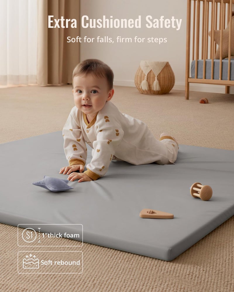 Blissful Diary Vegan Leather Baby Play Mat, 47x47 Thicken Foam Cushioned & Waterproof Playpen Mat for Infants and Toddlers, Stylish and Just Wipe-Clean Playmat for Baby Play on Floor, Light Gray - Image 5