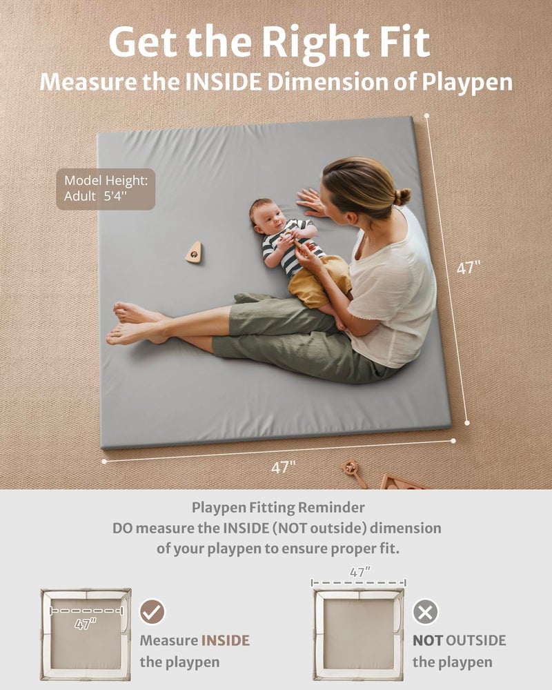 Blissful Diary Vegan Leather Baby Play Mat, 47x47 Thicken Foam Cushioned & Waterproof Playpen Mat for Infants and Toddlers, Stylish and Just Wipe-Clean Playmat for Baby Play on Floor, Light Gray - Image 2