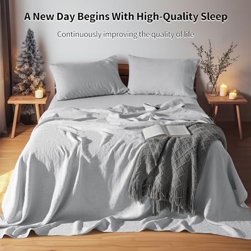 LBRO2M 100 Pure Linen Sheet Set Deep Pocket Up to 16 Bed Sheets Sets Natural Flax Beddings Soft Breathable Comfortable for All Seasons 4 Pcs Sheet Set King Size Grey - Image 3