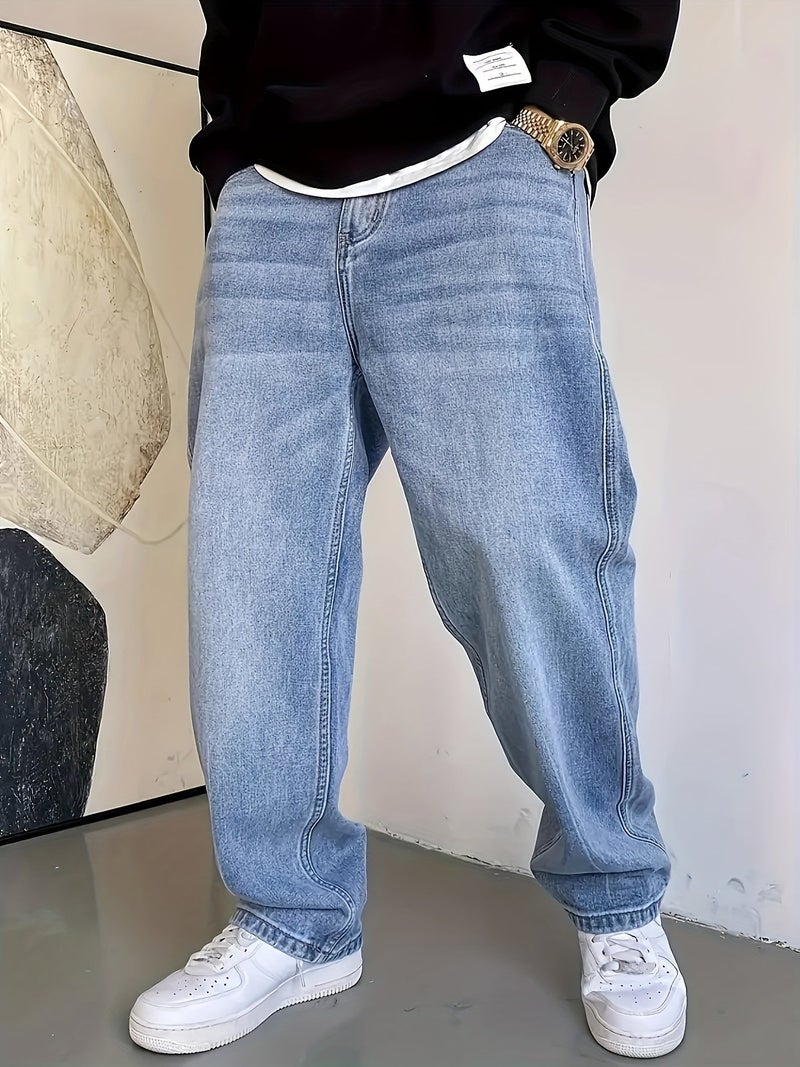 Men's Classic Straight-Leg Jeans - Non-Stretch Denim, Regular Length, Solid Color, All-Season Comfort, Hand Wash Only, Casual Versatile Style for Casual Attire, Comfortable Fashion, Durable - Image 2