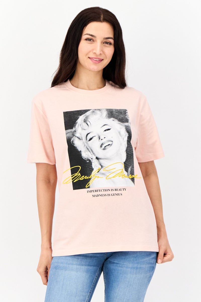 Marilyn Monroe Women Oversized  Crew Neck Short Sleeve Graphic Print T Shirt, Pink - Image 1