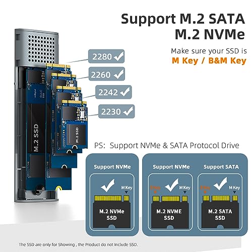 MAIWO حاوية MAIWO M.2 SSD بسرعة 10Gbps لـ NVMe و SATA، حاوية NVMe بدون أدوات USB C/USB A، حاوية M.2 من الألمنيوم مع كابل بطول 17.71 بوصة، حاوية SSD لـ M2 2230/2242/2260/2280 M-Key/(B+M) Key-رمادي - Image 2