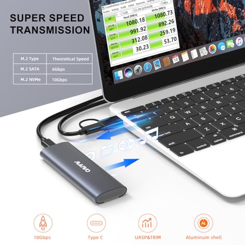 MAIWO حاوية MAIWO M.2 SSD بسرعة 10Gbps لـ NVMe و SATA، حاوية NVMe بدون أدوات USB C/USB A، حاوية M.2 من الألمنيوم مع كابل بطول 17.71 بوصة، حاوية SSD لـ M2 2230/2242/2260/2280 M-Key/(B+M) Key-رمادي - Image 3