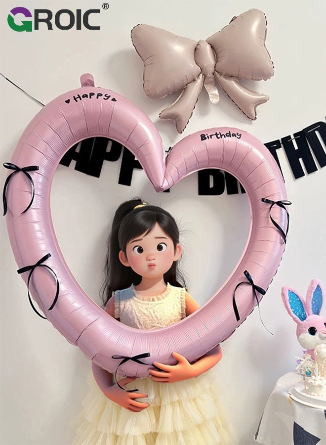 GROIC إطار صور قلب عيد ميلاد سعيد 40'' مع بالونات مزينة بشرائط، بالونات قلب فارغة من الفويل لحفلات استقبال المواليد، حفلات عيد الميلاد، الزفاف، أدوات تصوير (بالونات وردية وشرائط مربوطة مسبقًا) - Image 4
