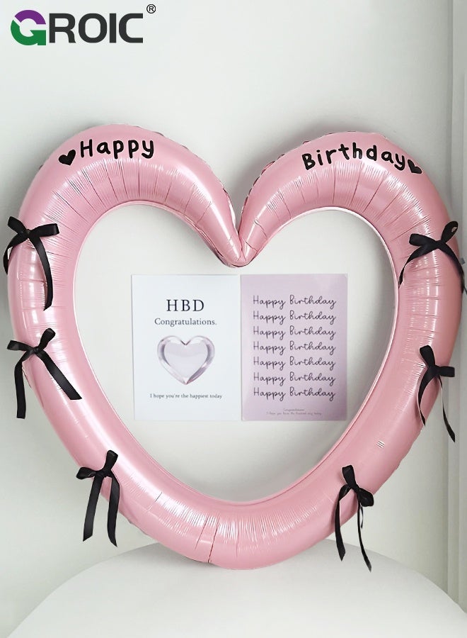 GROIC إطار صور قلب عيد ميلاد سعيد 40'' مع بالونات مزينة بشرائط، بالونات قلب فارغة من الفويل لحفلات استقبال المواليد، حفلات عيد الميلاد، الزفاف، أدوات تصوير (بالونات وردية وشرائط مربوطة مسبقًا) - Image 3