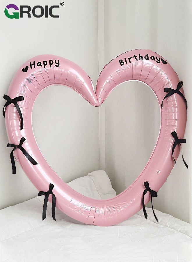 GROIC إطار صور قلب عيد ميلاد سعيد 40'' مع بالونات مزينة بشرائط، بالونات قلب فارغة من الفويل لحفلات استقبال المواليد، حفلات عيد الميلاد، الزفاف، أدوات تصوير (بالونات وردية وشرائط مربوطة مسبقًا) - Image 5