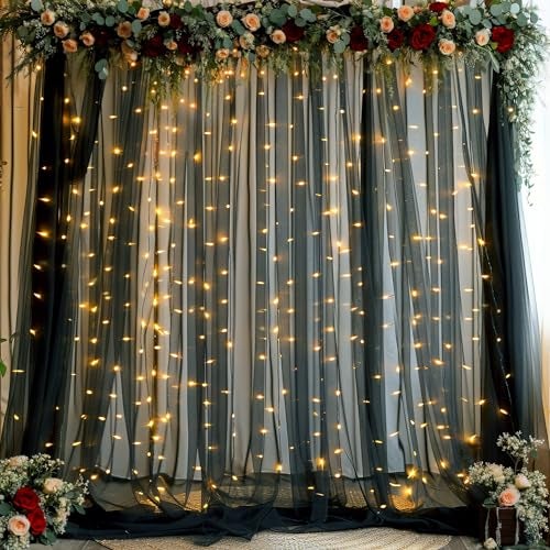 Suppromo Black Sheer Backdrop Curtains with Lights String for Parties Birthday 10ft × 8ft Black Tulle Backdrop Curtain for Baby Shower Wedding Graduation Halloween Party Photo Shoot Decorations - Image 1