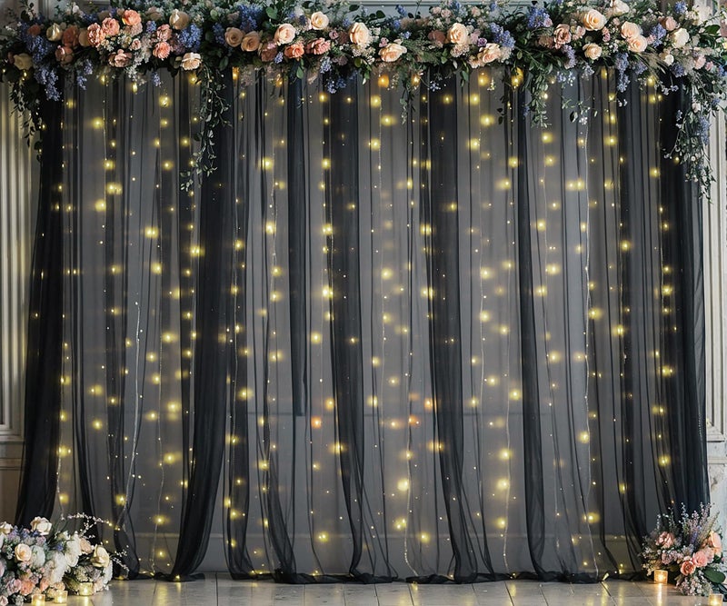 Suppromo Black Sheer Backdrop Curtains with Lights String for Parties Birthday 10ft × 8ft Black Tulle Backdrop Curtain for Baby Shower Wedding Graduation Halloween Party Photo Shoot Decorations - Image 4