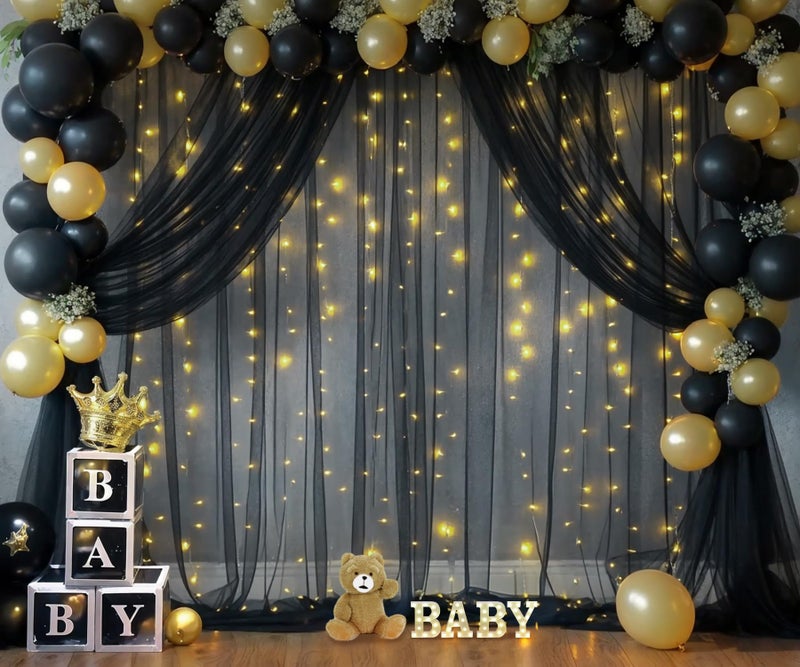 Suppromo Black Sheer Backdrop Curtains with Lights String for Parties Birthday 10ft × 8ft Black Tulle Backdrop Curtain for Baby Shower Wedding Graduation Halloween Party Photo Shoot Decorations - Image 3