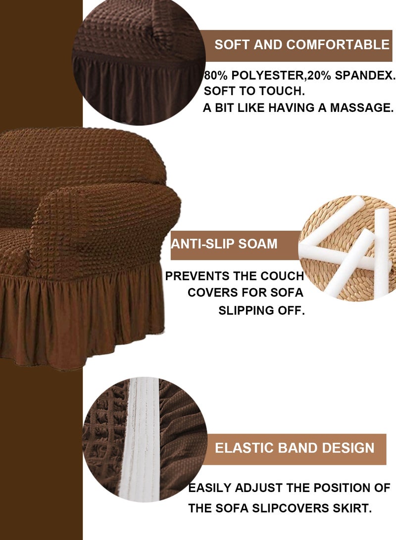 Arabest Sofa Cover Set, 4 piece Multifunctional Sofa Slipcover, Couch Cover Chair Furniture Protector Cover, Washable High Elastic Durable Seersucker Fabric with Skirt, for Living Room (Brown) - Image 2