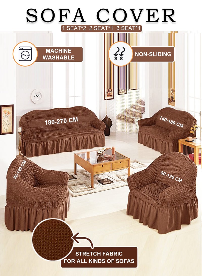 Arabest Sofa Cover Set, 4 piece Multifunctional Sofa Slipcover, Couch Cover Chair Furniture Protector Cover, Washable High Elastic Durable Seersucker Fabric with Skirt, for Living Room (Brown) - Image 1