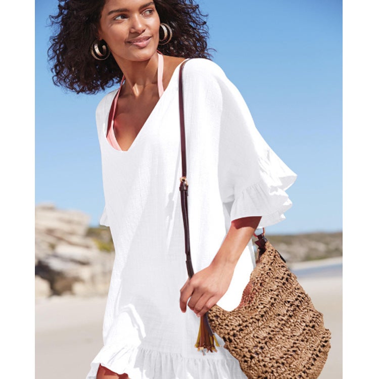 Solid Color Sun Protection Ruffle Beach Cover Up - Image 3