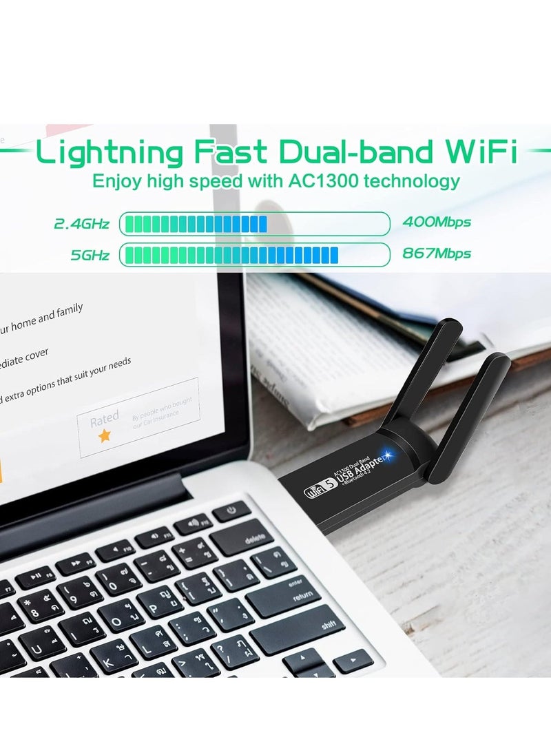 USB WiFi Bluetooth Adapter, 1300Mbps Dual Band 2.4/5Ghz Wireless Network External Receiver, Mini WiFi Dongle for PC/Laptop/Desktop