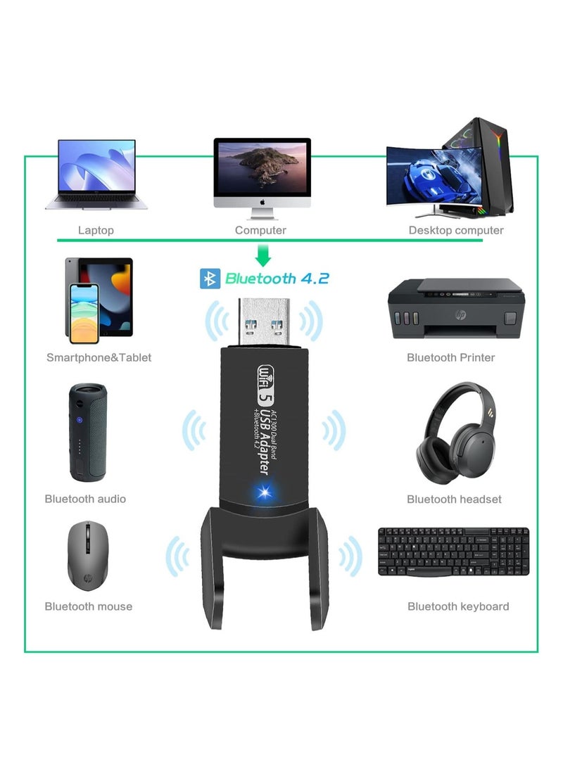 USB WiFi Bluetooth Adapter, 1300Mbps Dual Band 2.4/5Ghz Wireless Network External Receiver, Mini WiFi Dongle for PC/Laptop/Desktop
