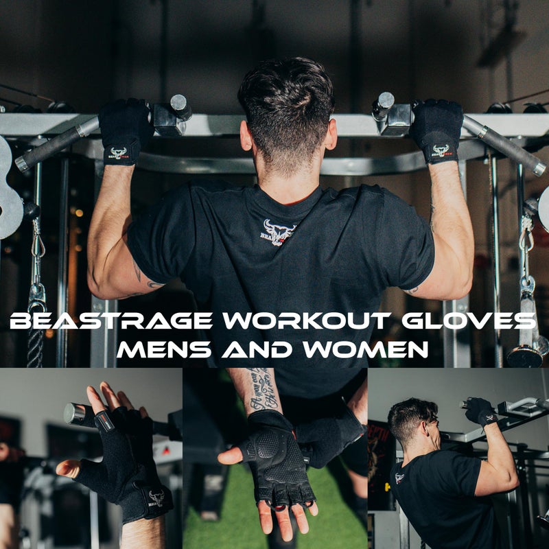 BEAST RAGE Workout Gloves for Men, Durable Palm Grip Gym Gloves Women Half Finger Elasticated Training Weight Lifting Strength Bodybuilding Anti Slip Cycling Glove Exercise (Jet Black, L) - Image 2