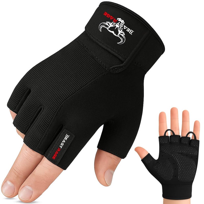 BEAST RAGE Workout Gloves for Men, Durable Palm Grip Gym Gloves Women Half Finger Elasticated Training Weight Lifting Strength Bodybuilding Anti Slip Cycling Glove Exercise (Jet Black, L) - Image 1