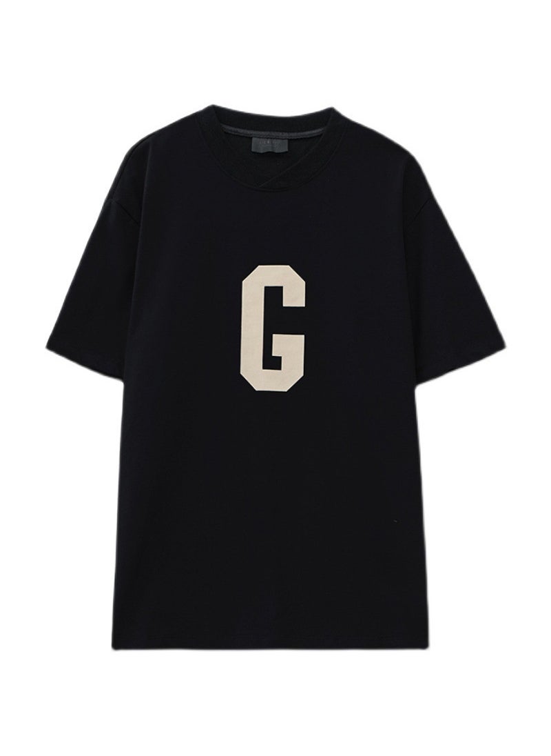 Generic - Fear of God High Street G Letter Flocking Short Sleeve T-Shirt Unisex Loose Fit Summer Casual Cotton round Neck Print Top White - Image 1