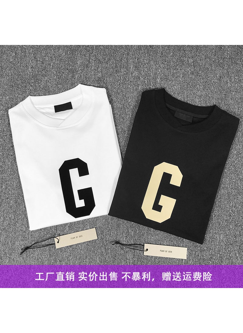 Generic - Fear of God High Street G Letter Flocking Short Sleeve T-Shirt Unisex Loose Fit Summer Casual Cotton round Neck Print Top White - Image 1