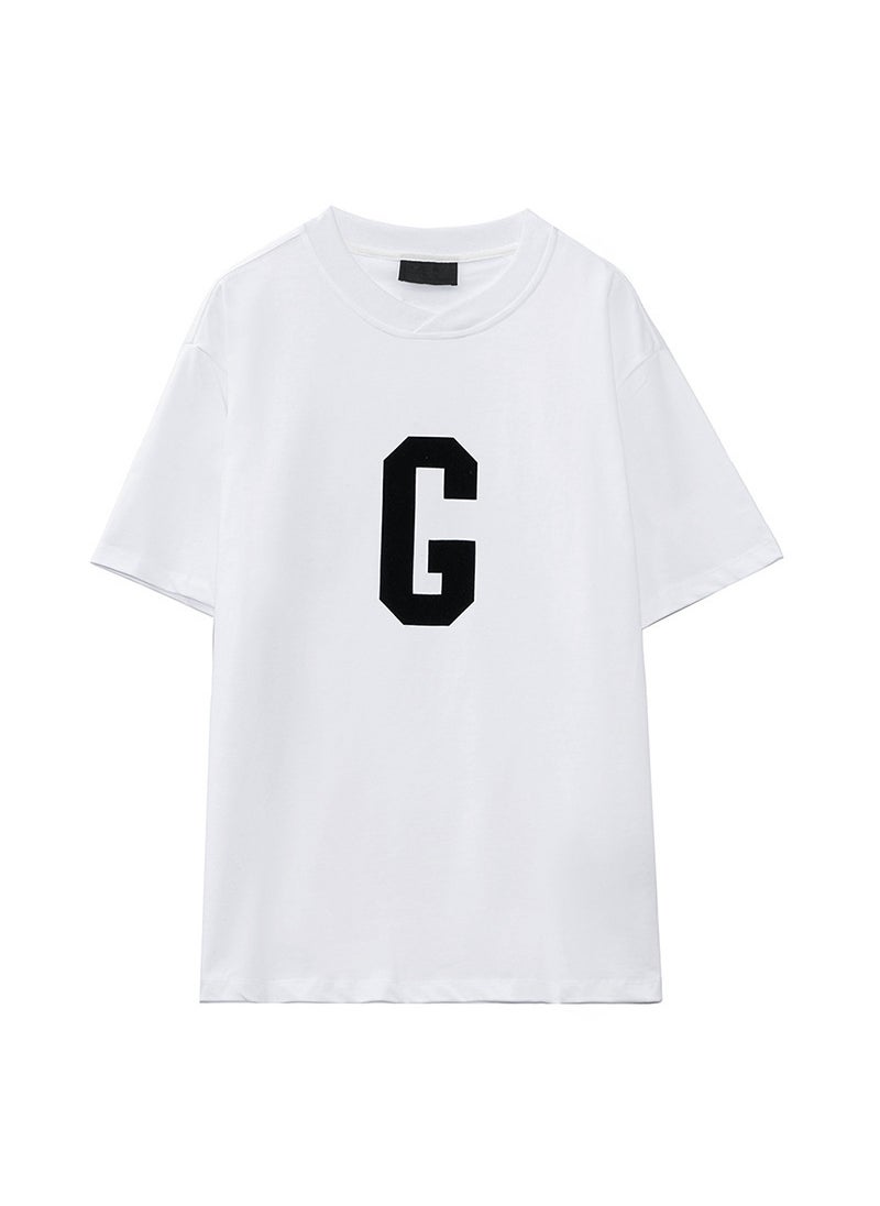 Generic - Fear of God High Street G Letter Flocking Short Sleeve T-Shirt Unisex Loose Fit Summer Casual Cotton round Neck Print Top White - Image 1