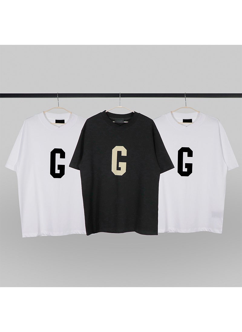 Generic - Fear of God High Street G Letter Flocking Short Sleeve T-Shirt Unisex Loose Fit Summer Casual Cotton round Neck Print Top White - Image 1