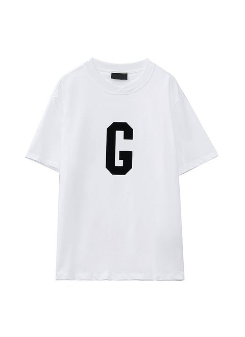 Fear of God High Street G Letter Flocking Short Sleeve T-Shirt Unisex Loose Fit Summer Casual Cotton round Neck Print Top White